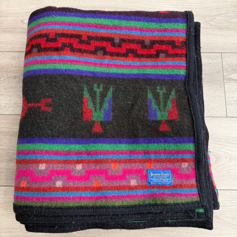 Pendleton Beaver State Native American Thunderbirds Wool Blanket 80 x 74 Inches